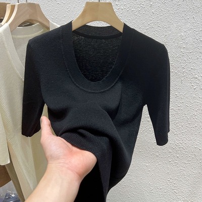 冰丝U领气质漏锁骨短袖针织衫