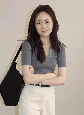 灰色法式正肩POLO领冰丝针织短袖T恤女春夏修身紧身半袖翻领上衣