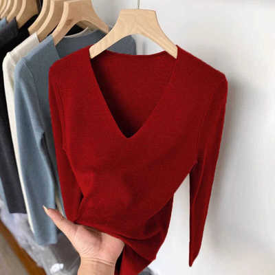 韩版薄款早秋亲肤长袖针织衫V领