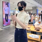 泡泡袖 短袖 薄款 针织衫 春季 气质半高领修身 中袖 女2025新款 洋气上衣