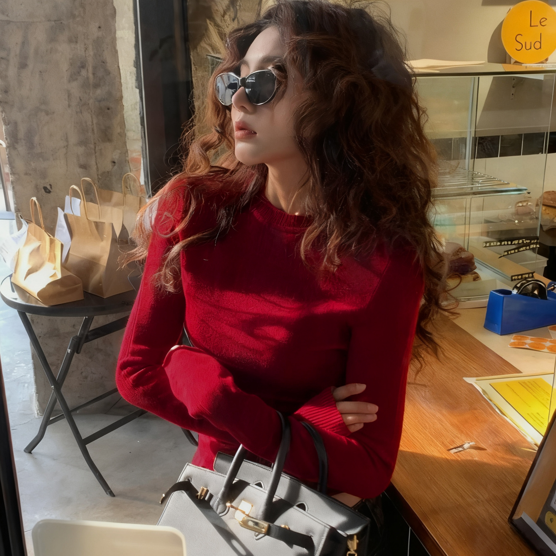 圆领安哥拉红针织打底衫女