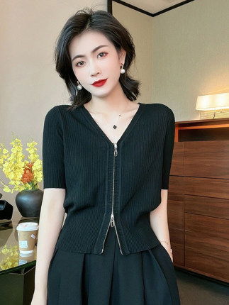 欧货夏季冰丝双开拉链针织开衫女2025新款设计感百搭显瘦短袖上衣