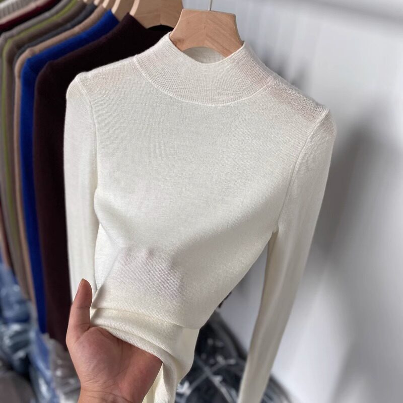半高领羊毛针织衫女长袖2026秋冬新款软糯紧身打底衫内搭中领毛衣