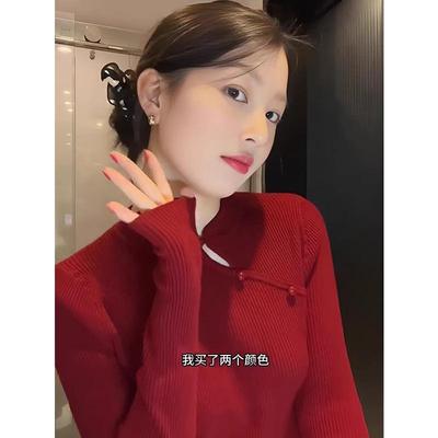 新中式国风红色毛针织衫