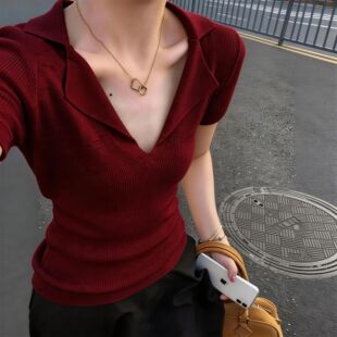 法式Polo领正肩短袖针织女春夏季红色极简风洋气显瘦小众T恤上衣
