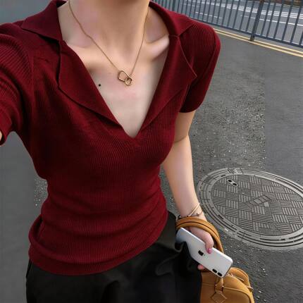 法式Polo领正肩短袖针织女春夏季红色极简风洋气显瘦小众T恤上衣