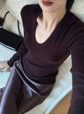 法式复古紫色u领针织内搭女秋冬季高级感穿搭洋气修身百搭打底衫