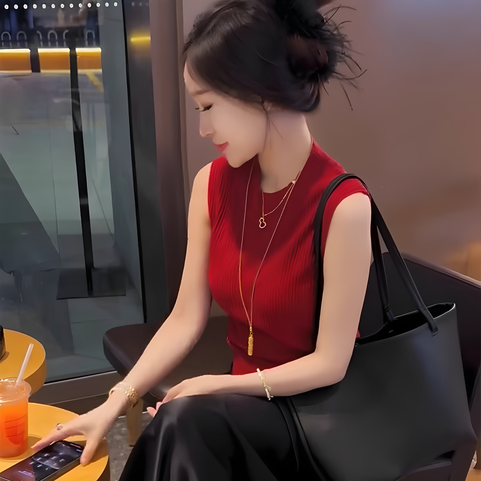 气质红色港风设计感针织背心女