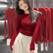 打底衫 安哥拉红色圆领针织衫 女秋冬韩系氛围感红茶风穿搭修身 上衣