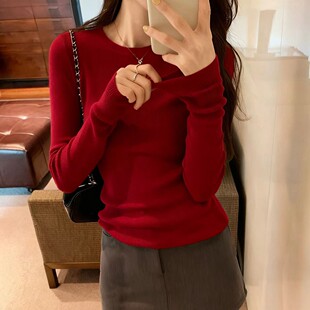 小香风圆领针织衫女秋冬本命年洋气打底衫安哥拉红高级感内搭毛衣