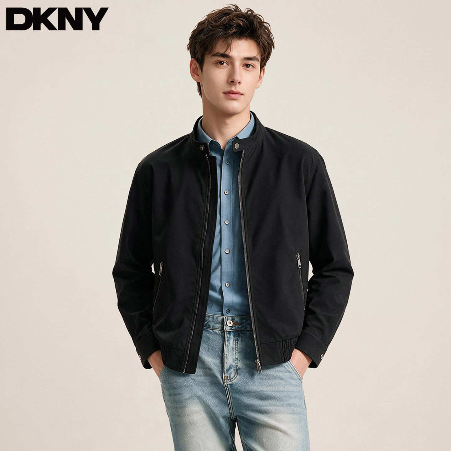 DKNY唐可娜儿春秋新款哈灵顿立领夹克户外休闲拉链口袋男短款外套