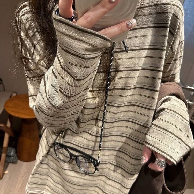 复古条纹长袖T恤女2026秋季新款松弛感韩系打底衫宽松慵懒风撞色