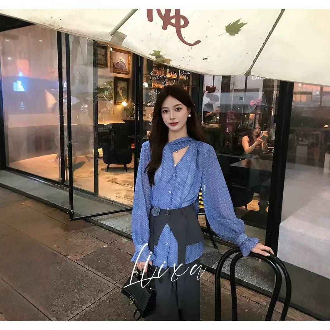 上新法式高知通勤V领波点飘带衬衫+高腰垂感阔腿裤+屁帘秋款3件套