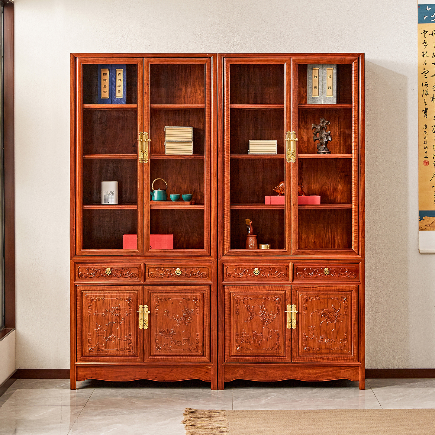 宋韵非洲花梨木雕花书柜组合