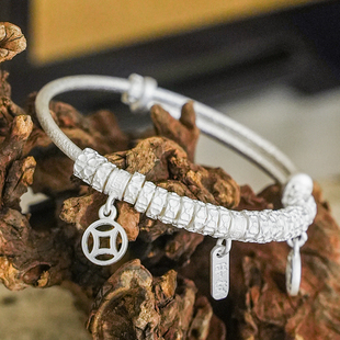 沁恋足银999财神盘缠手镯女纯银实心锤纹平安招财银镯新中式送礼