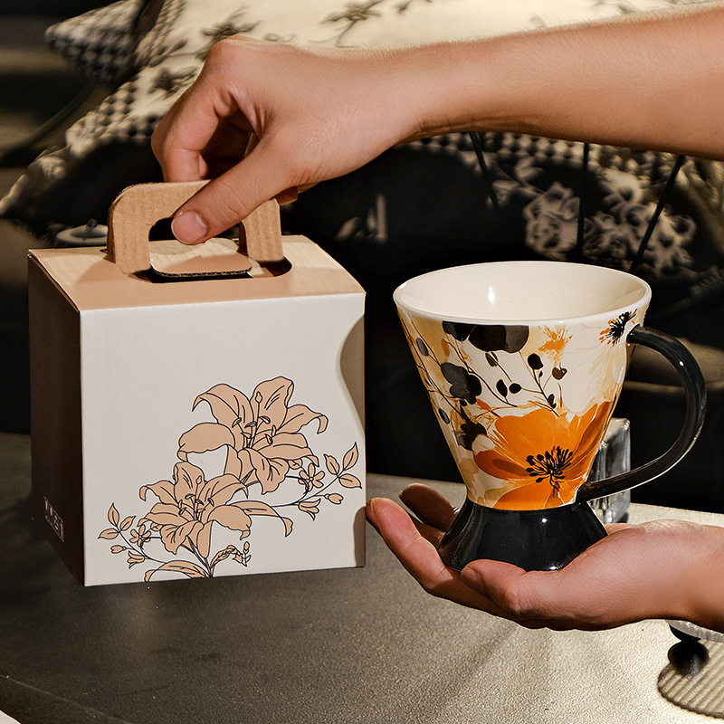 复古风马克杯陶瓷高脚杯高颜值办公室咖啡杯节日伴手礼高级感水杯
