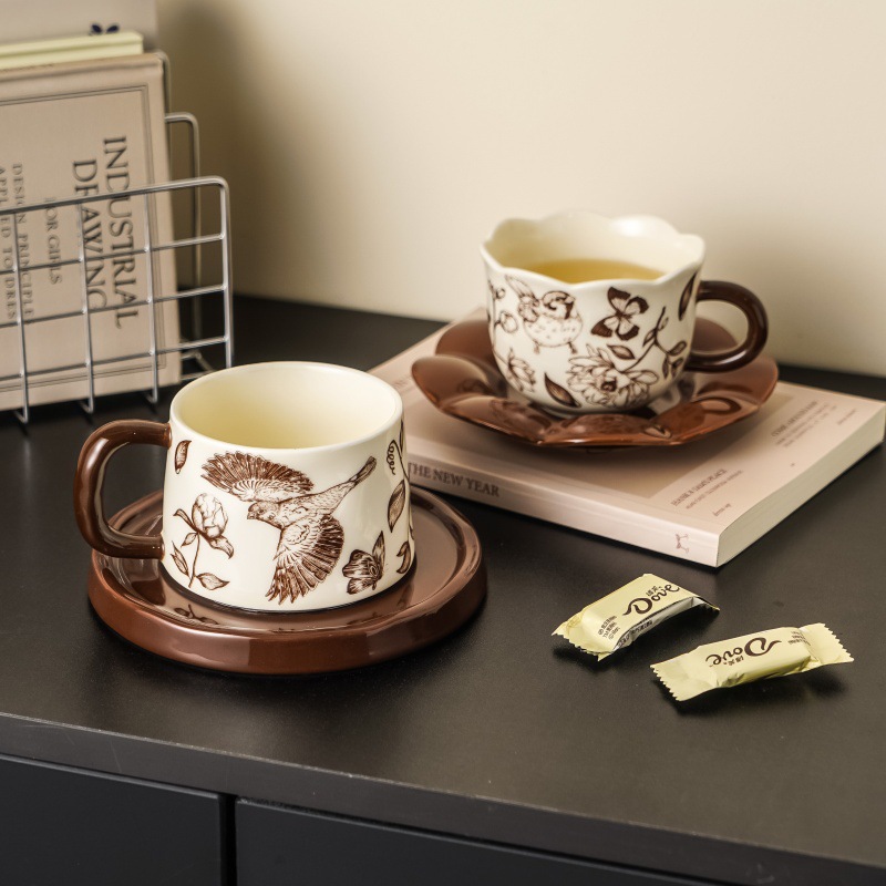 中古风花鸟咖啡杯碟陶瓷马克杯家用办公室复古杯子下午茶杯碟套装