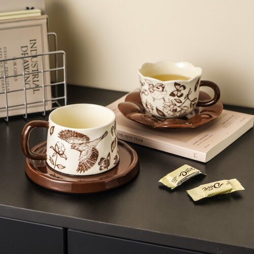中古风花鸟咖啡杯碟陶瓷马克杯家用办公室复古杯子下午茶杯碟套装