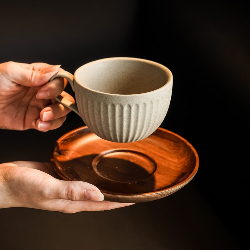 粗陶条纹咖啡杯碟创意拿铁杯拉花杯个性情侣艺术杯卡布奇诺咖啡杯