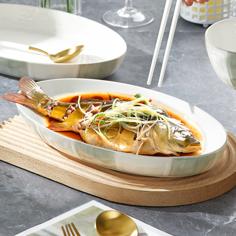 鱼盘家用蒸鱼盘子2025年新款釉下彩陶瓷加大号双耳长盘子装鱼碟子