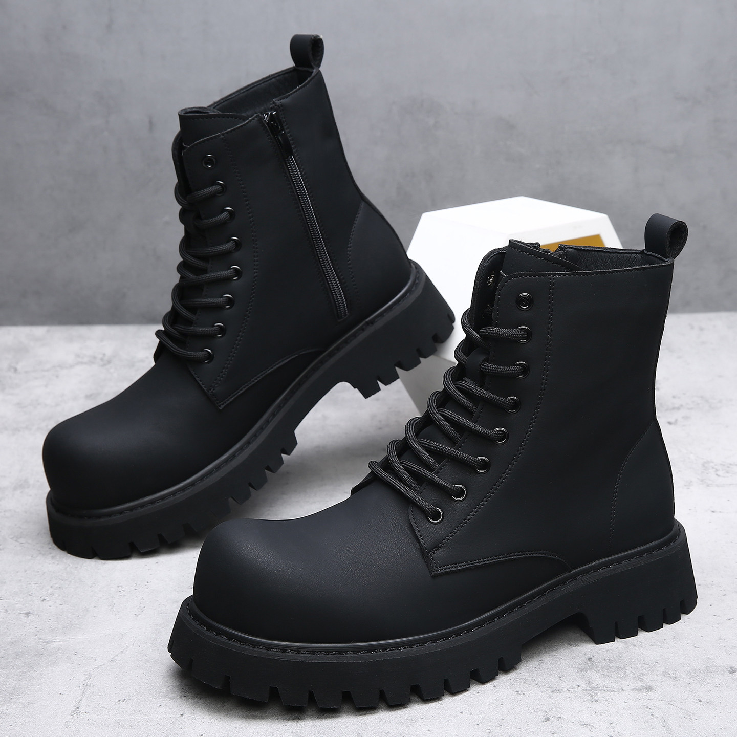 高帮马丁靴男款冬季加绒英伦风黑色中帮皮鞋高帮厚底机车靴男士靴