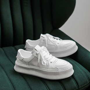 松糕厚底小白鞋男潮流百搭夏季透气饼干底板鞋增高真皮纯白色鞋子