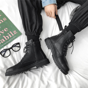 港风侧拉链高帮马丁靴男款冬季加绒棉鞋潮牌中帮工装男靴真皮短靴