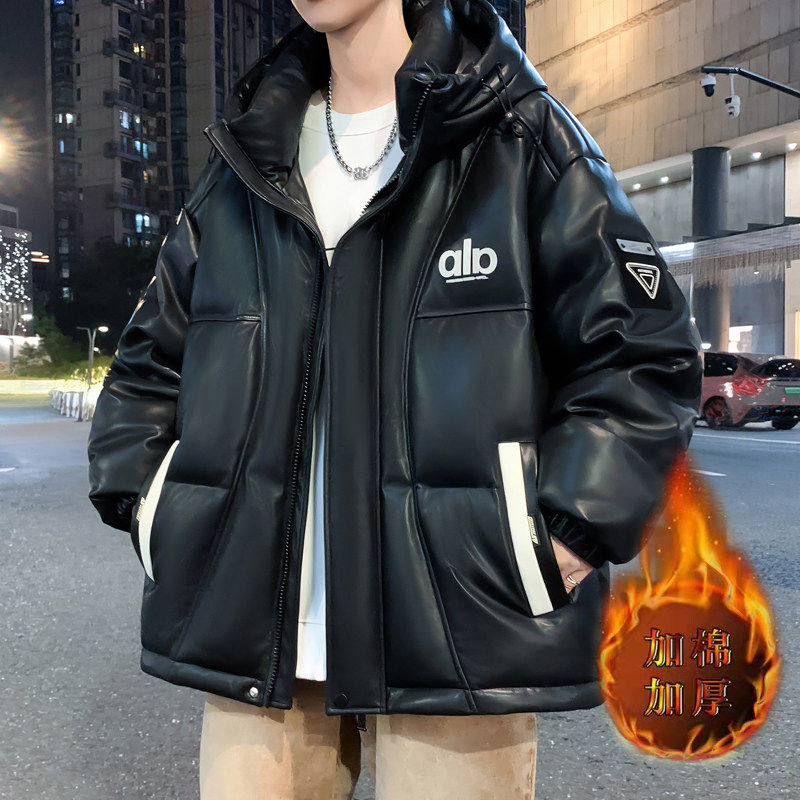 PU皮棉衣男冬季加厚羽绒棉服青少年潮流韩版外套初中高中学生棉袄