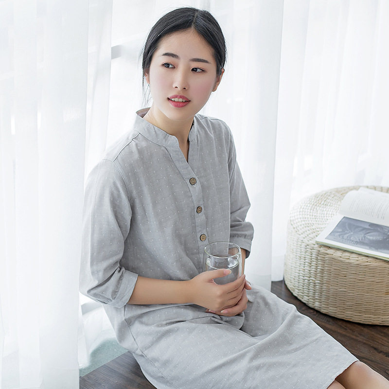 睡裙全棉双层纱布七分袖女秋纯棉夏季家居中裙V领日系可外穿新品