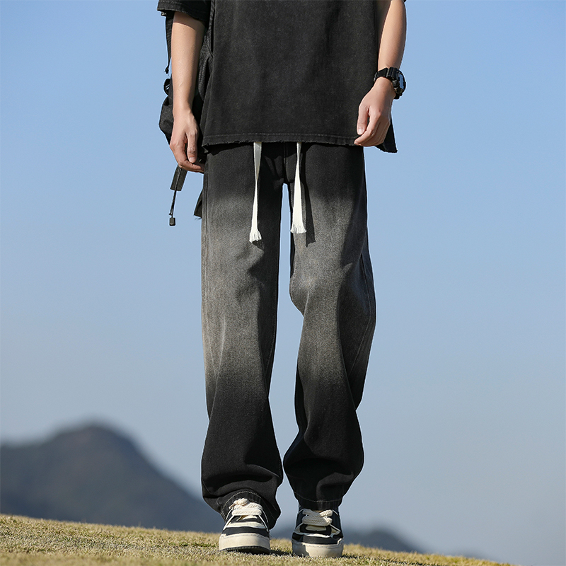 做旧水洗阔腿牛仔裤子男士春秋款夏季复古宽松直筒男生休闲长裤男