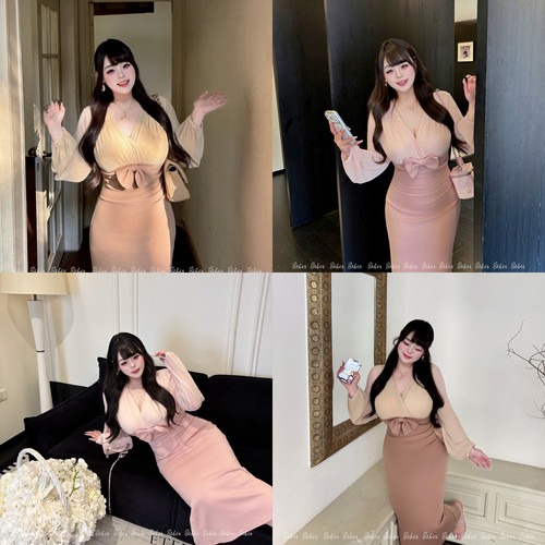 Babes【晚香玉】大码秋款气质撞色假两件V领蝴蝶结收腰长袖连衣裙