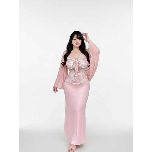 Babes【朝花夕拾】大码纯欲温柔粉色印花显瘦吊带半身裙开衫套装