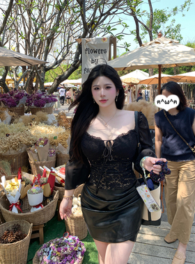 Babes【黑蔷薇】大码法式性感蕾丝拼接绑带灯笼袖收腰显瘦上衣女