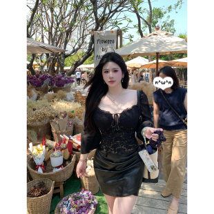 性感蕾丝拼接绑带灯笼袖 Babes 法式 大码 收腰显瘦上衣女 黑蔷薇