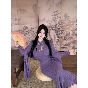 秋冬镂空旗袍过年连衣裙蕾丝厚款 新中式 包臀裙女 长相思 Bbabes