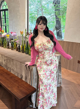 Babes【古镇花事】大码法式复古碎花吊带短款开衫包臀显瘦鱼尾裙
