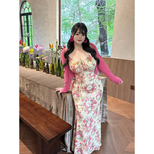 Babes【古镇花事】大码法式复古碎花吊带短款开衫包臀显瘦鱼尾裙