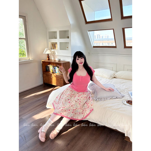 Babes【少女花笺】大码微胖mm韩系甜美短袖T恤碎花a字半身裙套装