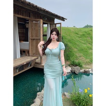Bbabes【栀子香】精致假两件微胖收腰显瘦网纱方领甜美度假风裙子