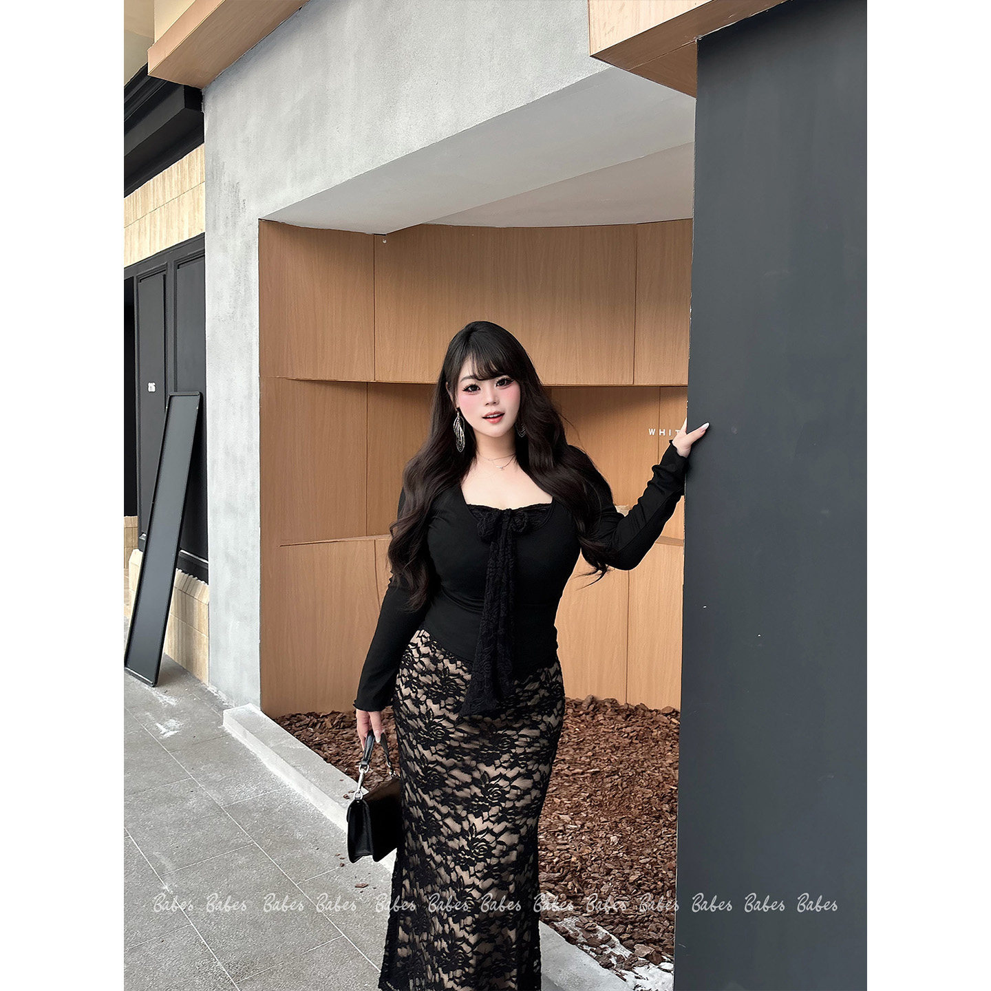 B-babes【暗夜美人】大码御姐风蕾丝显瘦吊带连衣裙圆领罩衫套装