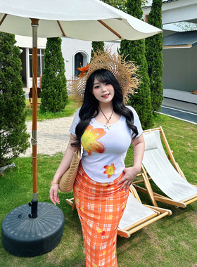Babes【橘子海】大码夏日多巴胺海边度假风印花短袖半身裙两件套