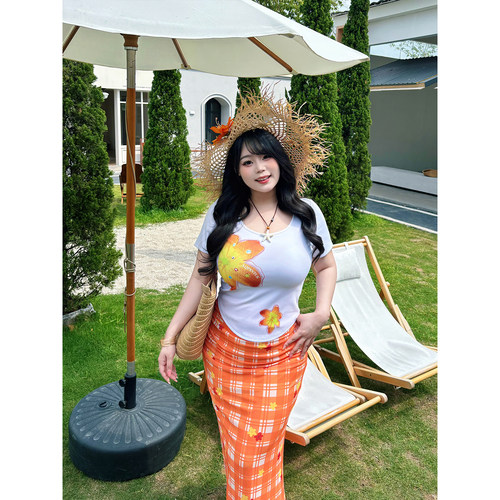 Babes【橘子海】大码夏日多巴胺海边度假风印花短袖半身裙两件套