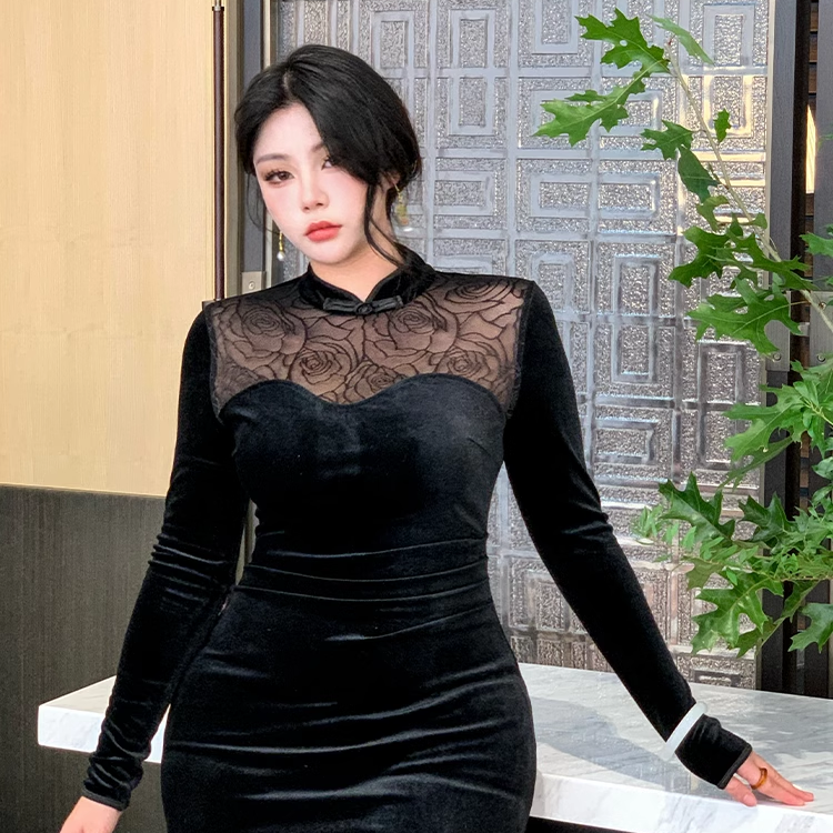 秋冬复古绒面长旗袍微胖显瘦裙子