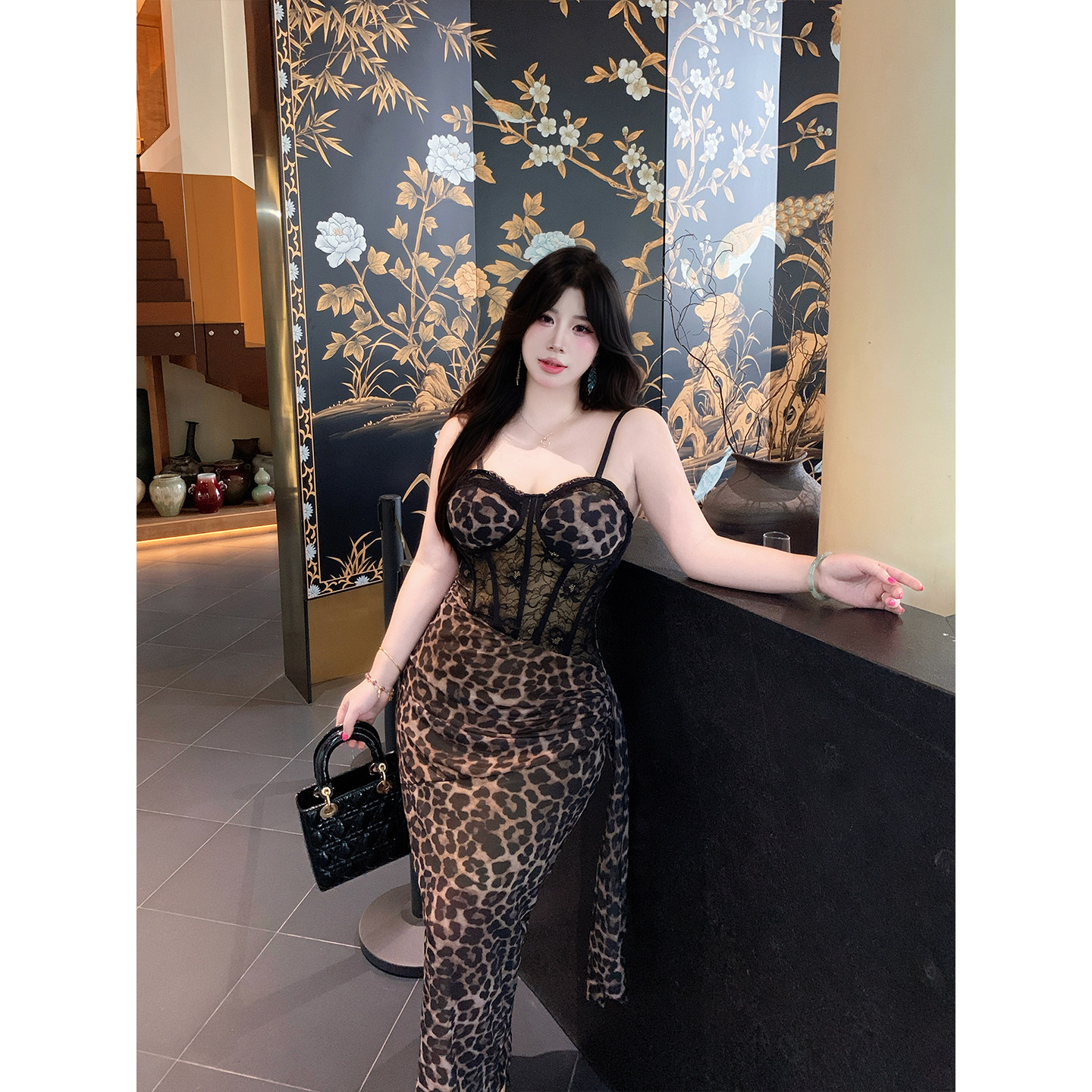 Babes【野性缪斯】大码性感辣妹渐变豹纹吊带修身收腰包臀连衣裙