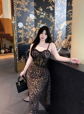 Babes【野性缪斯】大码性感辣妹渐变豹纹吊带修身收腰包臀连衣裙