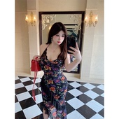 Bbabes 万花间 碎花复古气质吊带连衣裙微胖收腰显瘦高腰吊带裙