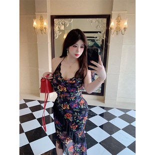 Bbabes 碎花复古气质吊带连衣裙微胖收腰显瘦高腰吊带裙 万花间