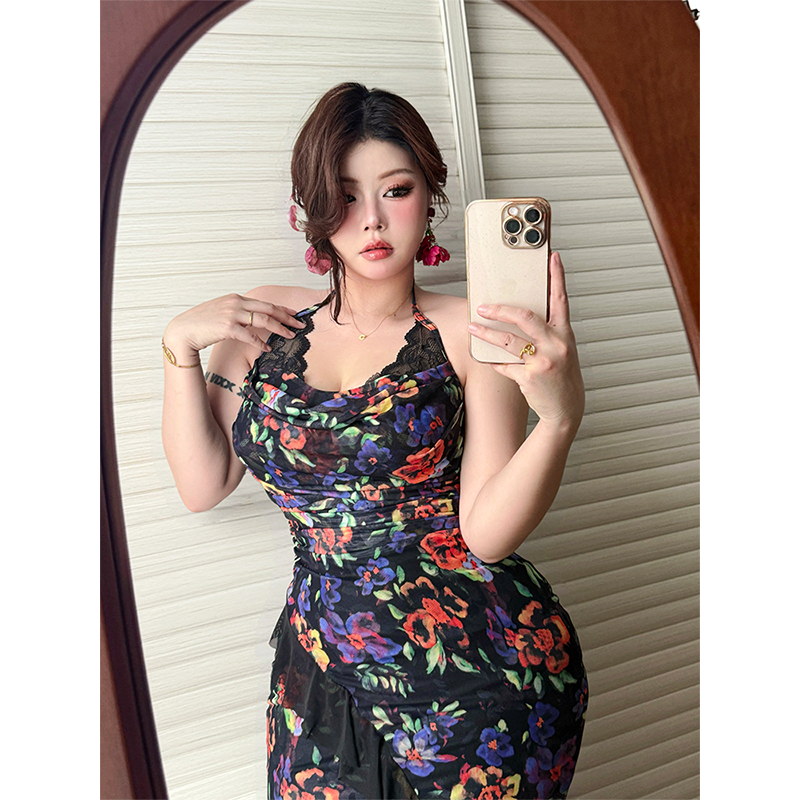 Bbabes【万花间】碎花复古气质吊带连衣裙微胖收腰显瘦高腰吊带裙