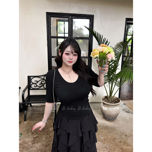 Babes【松露千层】大码胖mm显瘦纯色短袖上衣荷叶边半身裙套装女