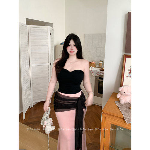 Babes【粉墨佳人】大码性感千金风抹胸网纱撞色包臀半身裙套装女